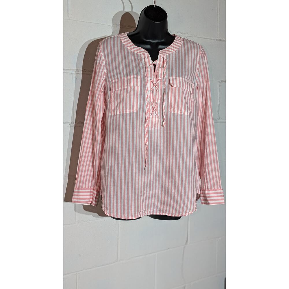 Talbots Striped Blouse Pink White Lace-Up Neck Button Tab Long Sleeve Top Medium